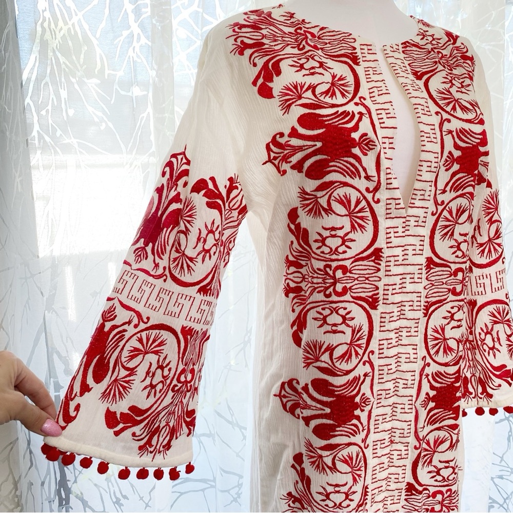 MISA WHITE RED EMBROIDERED SEVA CALIA POM POM TRIM TUNIC MAXI DRESS - Picture 2 of 11